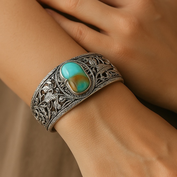 Cuff Bracelet Etched Silvertone Green Agate New in package - Picture 1 of 9